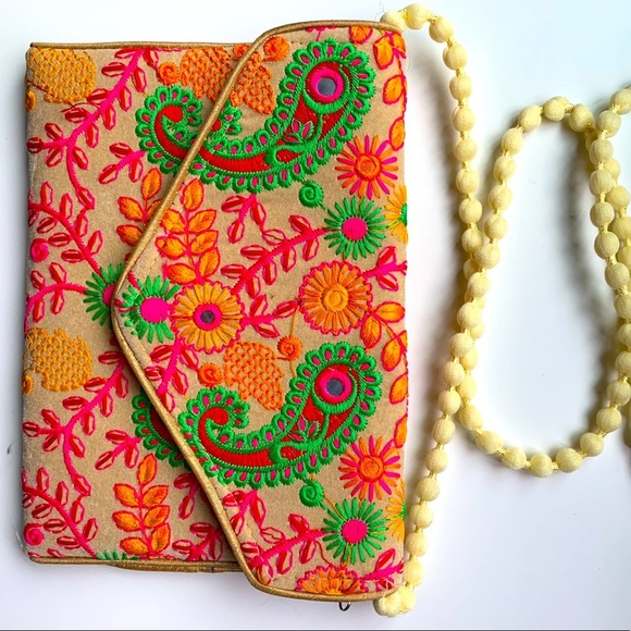 Bikaner House Colourful Hand-Embroidered Casual Clutch w/ Fun Bubble Strap - Picture 2 of 10